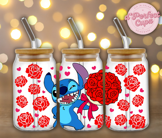 Stitch with Bouquet of Roses 16oz Glass Cup