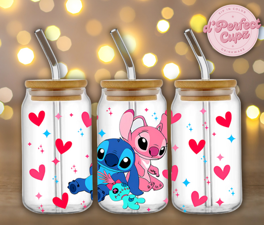 Pink and Blue Stitch Lover 16oz Glass Cup