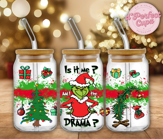 Drama Grinch Santa 16oz Glass Cup