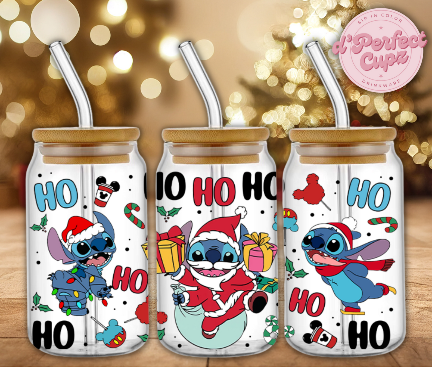 Ho ho ho Stitch 16oz Glass Cup