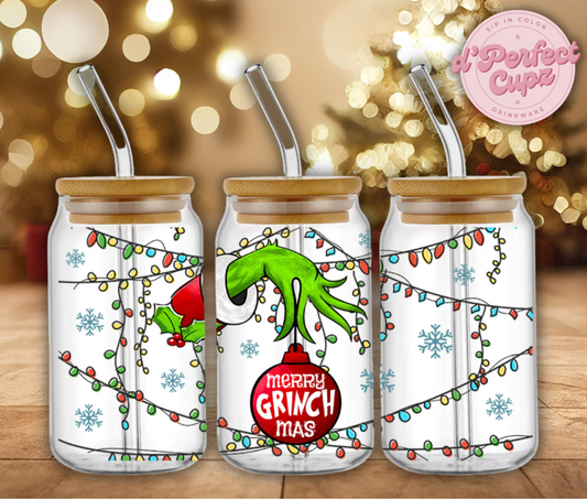 Merry Grinch Christmas 16oz Glass Cup